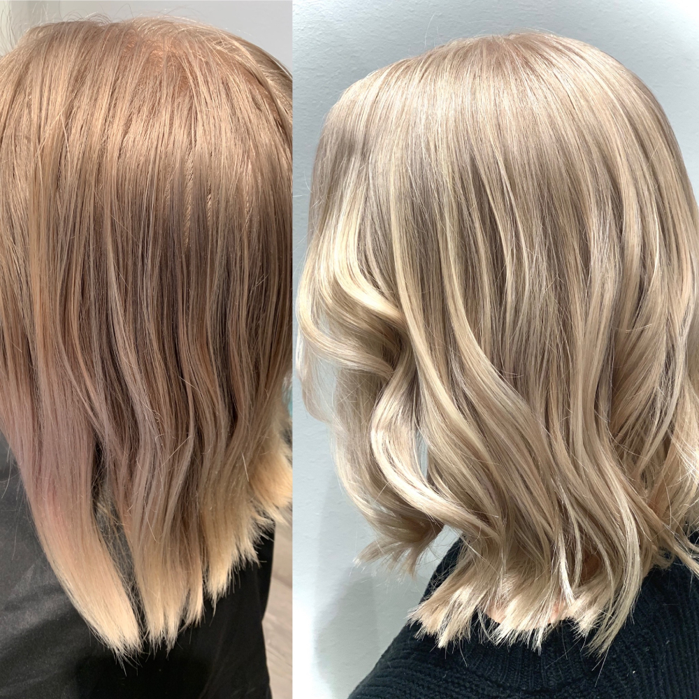 Frisör Stockholm. Blont hår i en beigeblond ton. Colours by Jenny Hansson.